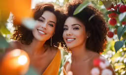 two women are sitting on a tree smiling