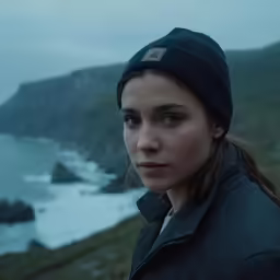 the young woman is standing at the edge of a cliff