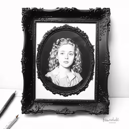 black and white picture of a lady in an ornate frame