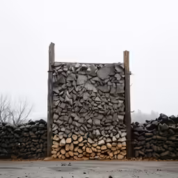 there is a large pile of firewood next to the truck