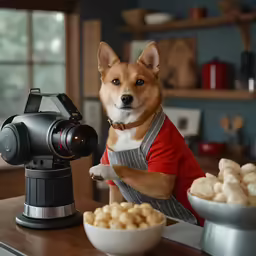 a dog in a red shirt behind a camera