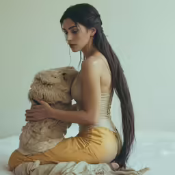 young woman in white tank top hugging teddy bear