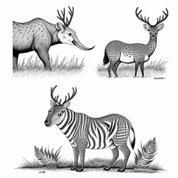 some animals that are in the grass together,four different types of animals that are standing in the grass