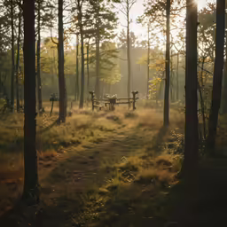 a forest with grass, trees and bench in the foreground