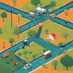 aerial shot of a residential neighborhood with houses and cars,the town map of a city with cars, buses and trees