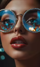 a woman with blue light shining on her eye wearing pair of glasses