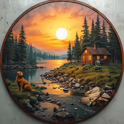 a wall hanging with a painting of a dog sitting by a river