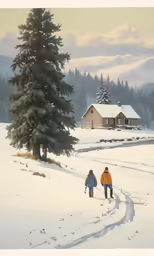 two people walking in the snow toward a house