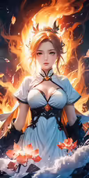 the beautiful girl in the blue dress is standing under a fiery fire
