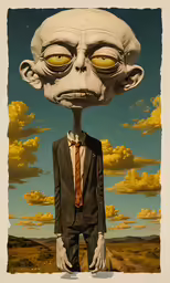 an art work, featuring a person dressed up in a suit and tie