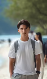 a young man wearing white is standing near water