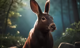 an animal standing in the forest near some rocks