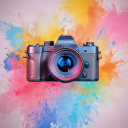 a camera with bright rainbow splatters on a light background