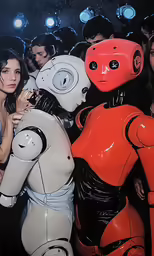 some girls and robot in a bar posing