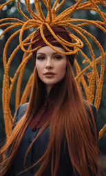 a young lady wearing long red hair in front of a yellow sculpture