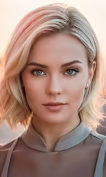blonde hair girl with blue eyes and neutral dress