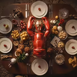 a lobster is sitting on a dining table