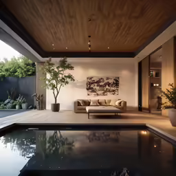 a home patio with wooden planks and a pool