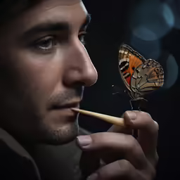 a man with a butterfly on his nose is smoking