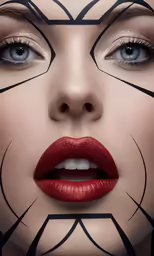 a woman with white hair wearing red lipstick and makeup