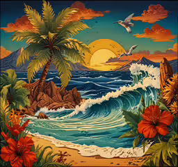a painting of the beach with a palm tree and seagulls,an art piece with the image of a tropical landscape