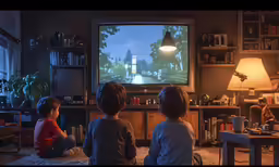 children sitting in front of a tv watching an animated movie