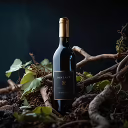a bottle of wine sitting on top of a pile of branches
