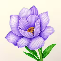 this is a picture of a painting of a blue flower,a drawing of a purple flower with green leaves,purple flowers with green leaves on top,a purple flower with green leaves sits on top of a white background,a purple flower with green leaves on top of it