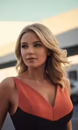 a woman wearing a black and orange dress