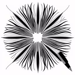 abstract, black and white design featuring a leaf and a fountain pen,a drawing with black ink showing a large flower design