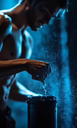 shirtless man pouring water into a black container