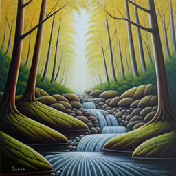 a painting of a stream and forest by itself,there is a painting of a stream going down it,a painting of a stream running through a forest,an oil painting of a stream surrounded by trees,painting of a stream running through a wooded area