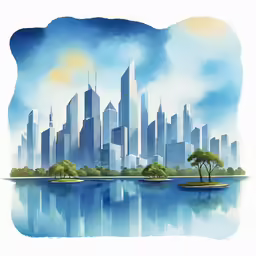 an abstract drawing of city buildings across a body of water