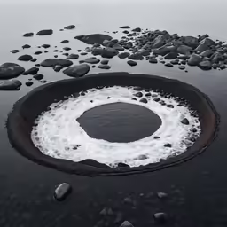 an icey body of water with rocks and a circular object on it