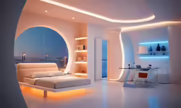 an empty bedroom is shown with lights in the ceiling