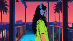 a woman is standing on a balcony and listening to music with headphones,a woman wearing headphones on the balcony in a painting