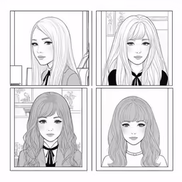 four drawings of a girl in black and white