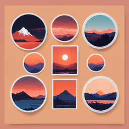 different views of mountains on a circular sticker,a photo album that has mountains and lake paintings