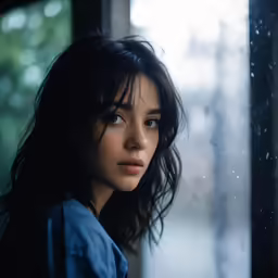 a woman is looking out a window at the rain