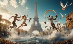 a group of people in front of the eiffel tower
