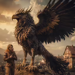 a woman standing next to a big eagle