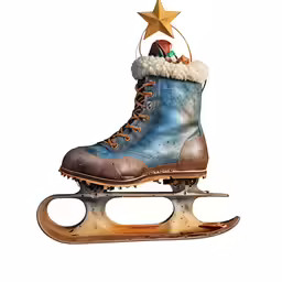 a painting shows a pair of ice skates being held on one of its wheels