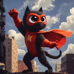 a cat with a red cape stands on a building ledge in the middle of town
