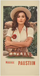 the poster depicts a woman in an outfit with a hat and a piece of pie