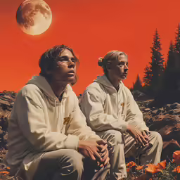two people with different facial features and a moon
