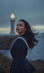 a woman standing next to a lighthouse on top of a hill