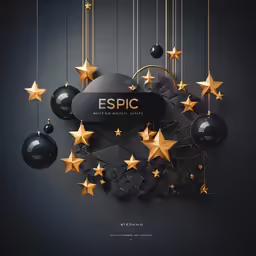 an advertisement for espc featuring golden stars and black and gold ornaments