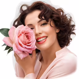 an attractive young lady holding a pink rose in her hand