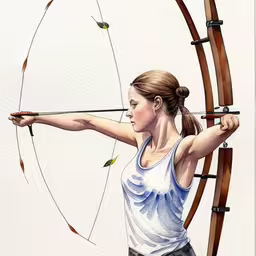 a painting of a woman aiming her bow,a painting of a woman shooting a bow