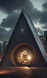 the entrance to an underground tunnel with the city lights in the background
